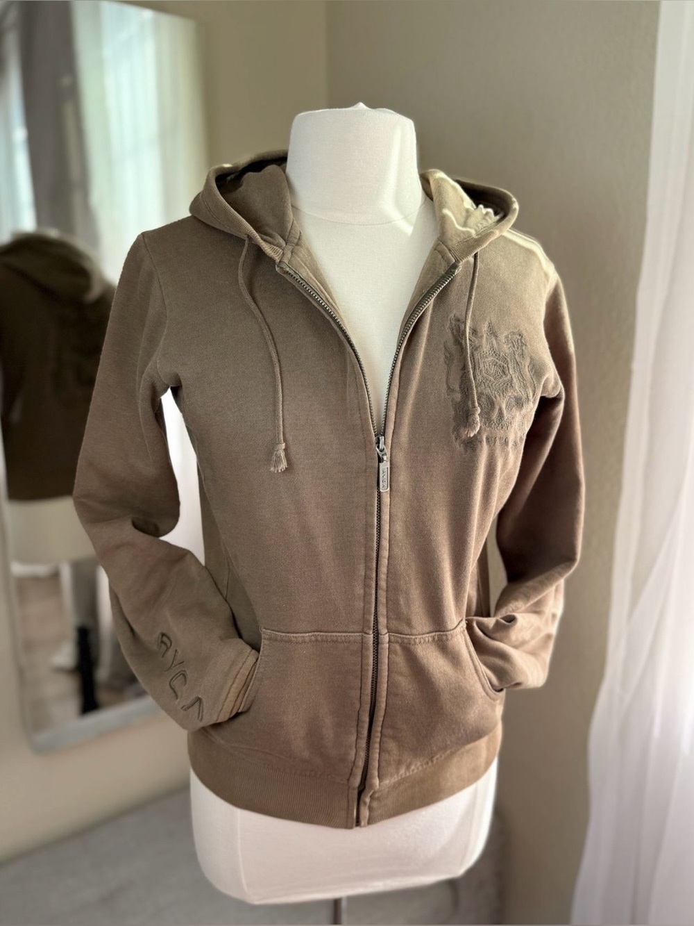 Y2K RVCA Zip Brown Hoodie M Embroidered Archive Unisex Vintage Cotton Streetwear